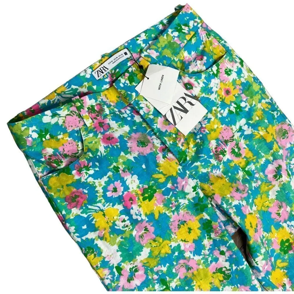 Zara Pants WMNS 4 Green Linen Blend Flared‎ Trousers Blue Pink Floral Cropped